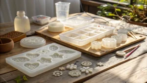 A well-lit workspace with various high-quality resin molds on a wooden bench