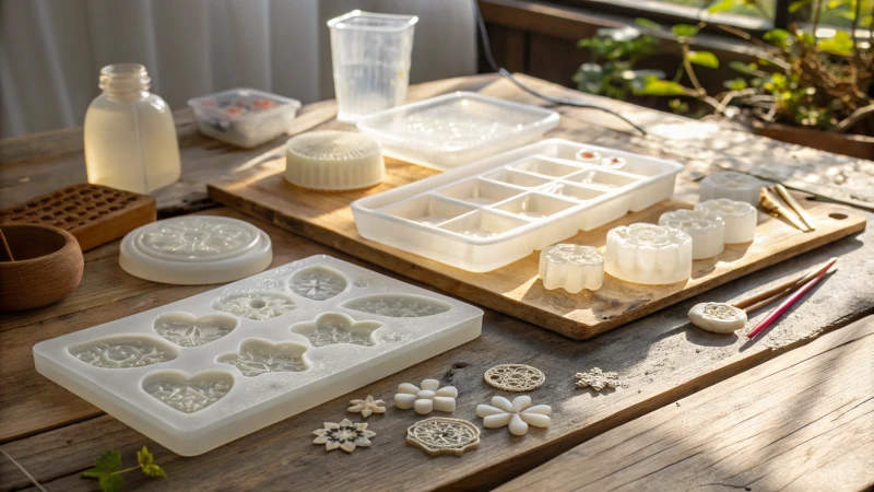 A well-lit workspace with various high-quality resin molds on a wooden bench