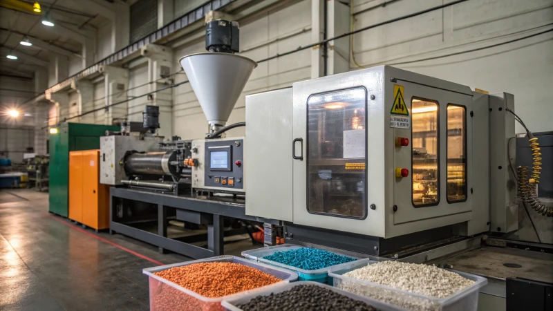 Photorealistic advanced injection molding machine in a factory