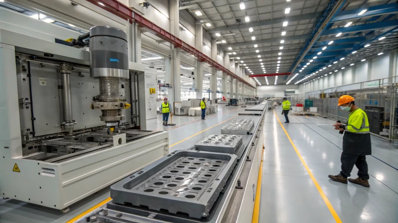 Photorealistic image of an advanced injection molding machine in operation