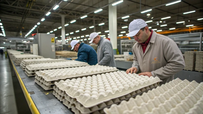 Workers inspecting egg trays on a factory floor