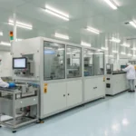 A clean room facility for injection molding with technicians at work