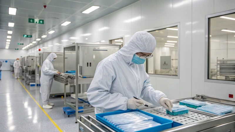 Workers in sterile gowns assembling surgical tools in a clean room