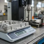 Close-up of a lightweight injection-molded part on a digital scale in a factory setting