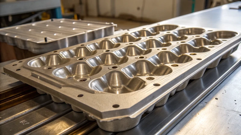 Close-up of a metallic mold used in egg tray production