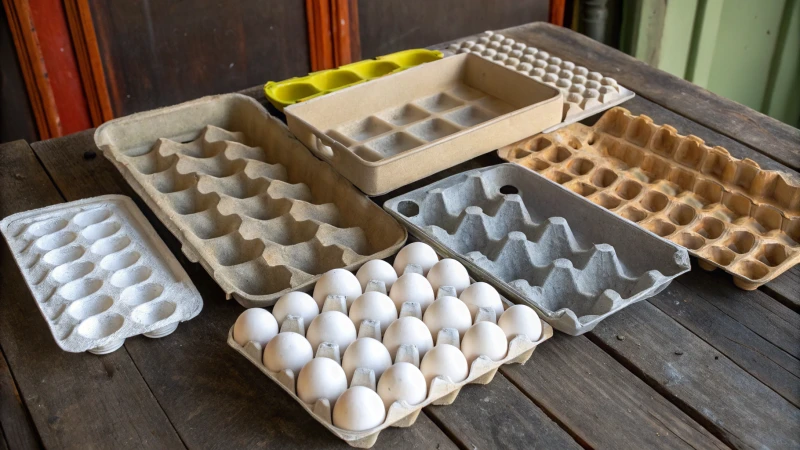 Various egg trays made from polystyrene, polypropylene, and cardboard on a wooden table
