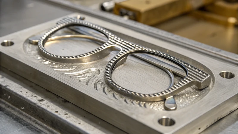 Close-up of an intricate metallic eyeglass frame mold
