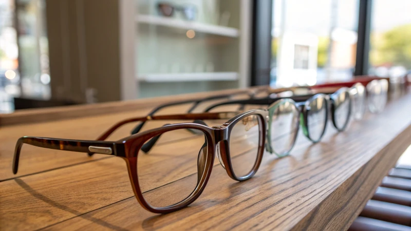 An array of eyeglass frames displayed on a wooden table