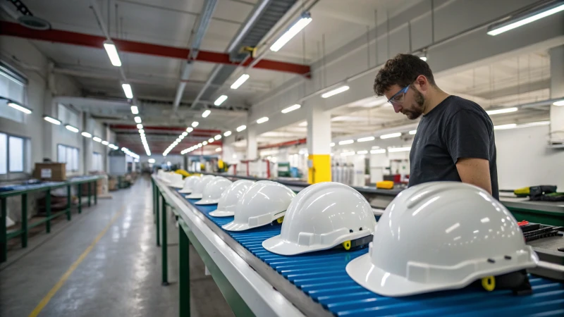 A technician inspecting safety helmets on a conveyor belt in a modern manufacturing facility