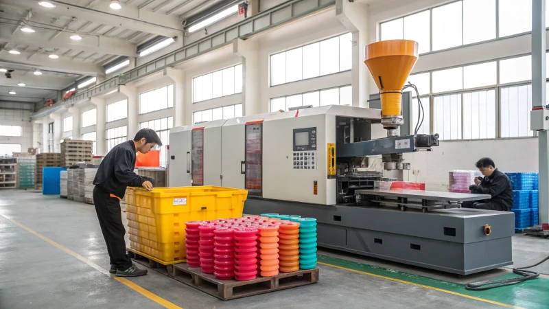 A detailed image of an industrial injection molding machine with a freshly ejected plastic part