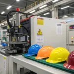 A modern injection molding machine producing helmets in a factory.