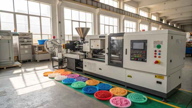 A half-open single-cavity mold with molten plastic being injected inside in a manufacturing facility.