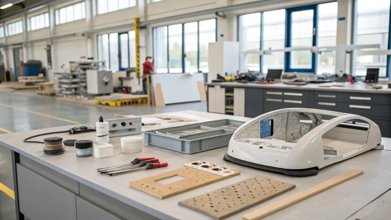 A high-tech workbench with advanced materials and tools