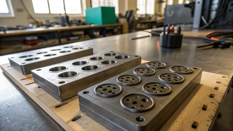 Close-up of industrial button molds on a workshop table