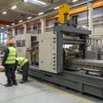 Large industrial injection molding machine in a factory
