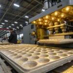 Industrial injection molding machine producing egg trays in a factory setting.