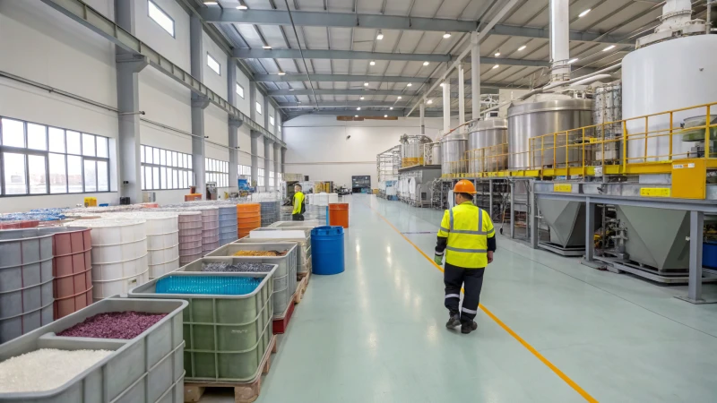 Trabajadores monitoreando maquinaria en una planta de procesamiento de PVC