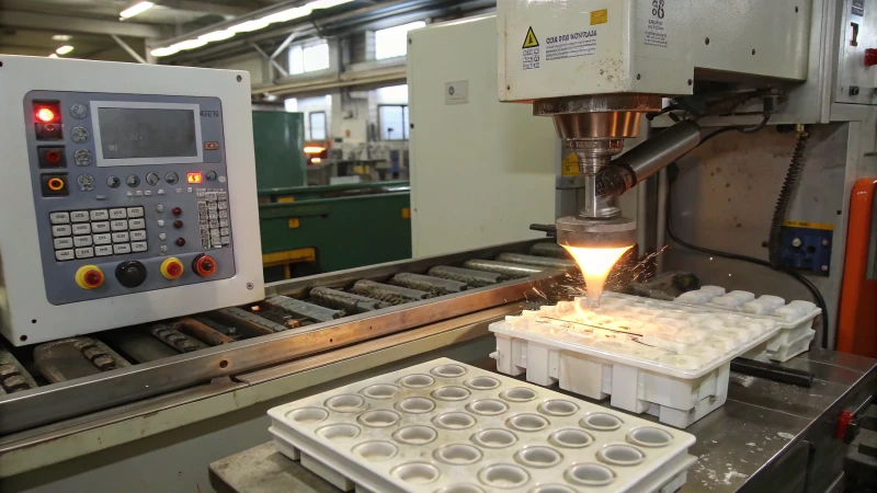 Injection molding machine producing button molds in a factory