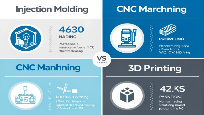 Инфографика, сравнивая литья впрыскивания, обработку ЧПУ и 3D -печать
