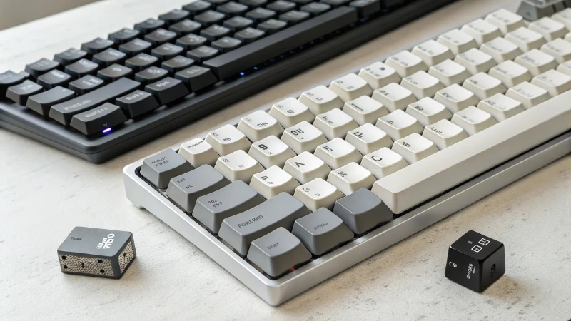 キーキャップやベースなどのキーボードコンポーネントのクローズアップ