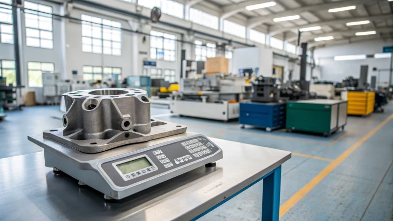A lightweight industrial part on a digital scale in a modern manufacturing facility