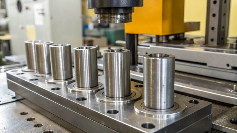 Close-up of metallic guide pillars in a molding machine