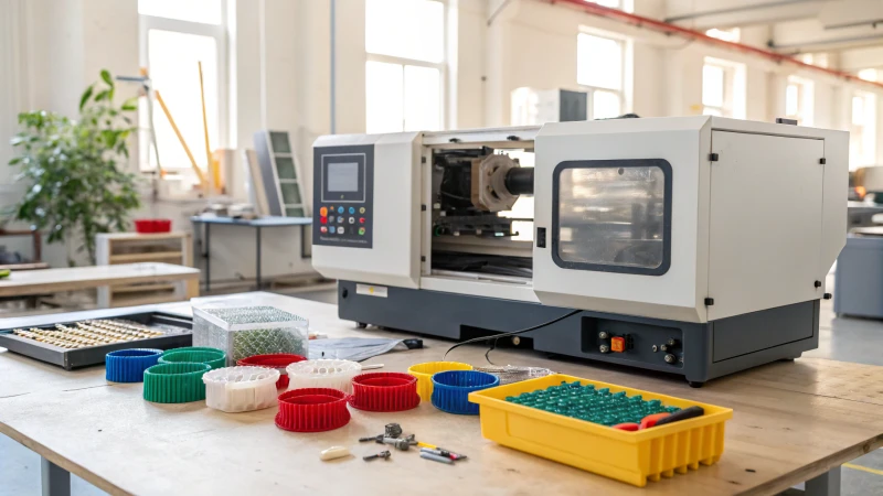 A modern desktop injection molding machine in a workshop