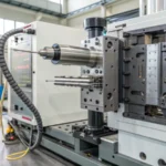A modern injection molding machine in an industrial workshop.