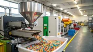 Modern injection molding machine producing plastic spoons in an industrial setting.