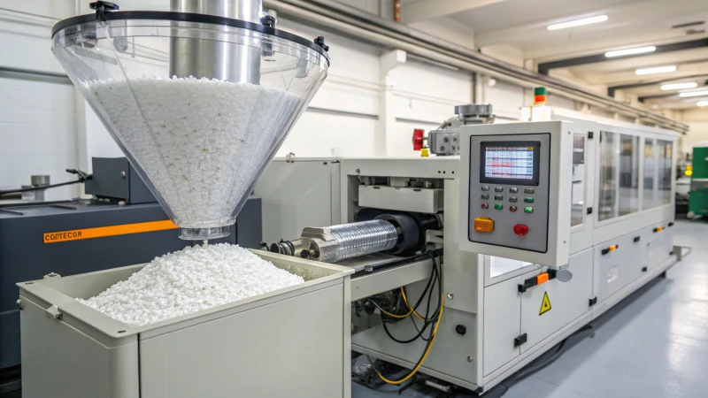 Primer plano de una máquina de moldeo de inyección moderna con gránulos de PVC y controles
