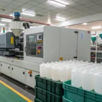 Modern injection molding machine in a factory