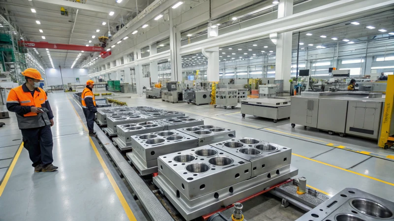 A modern manufacturing facility with advanced machinery and workers in safety gear.