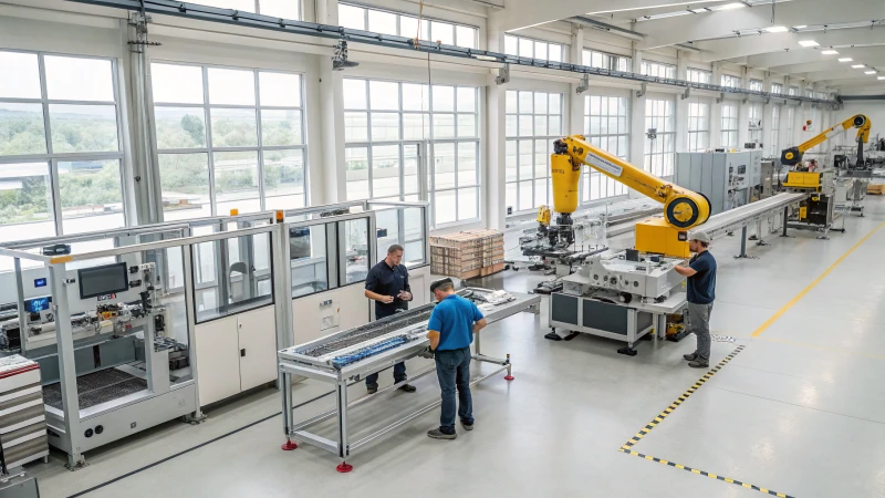 A modern manufacturing facility with advanced machinery and workers collaborating efficiently.
