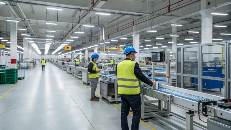 A busy modern manufacturing facility with workers and machinery