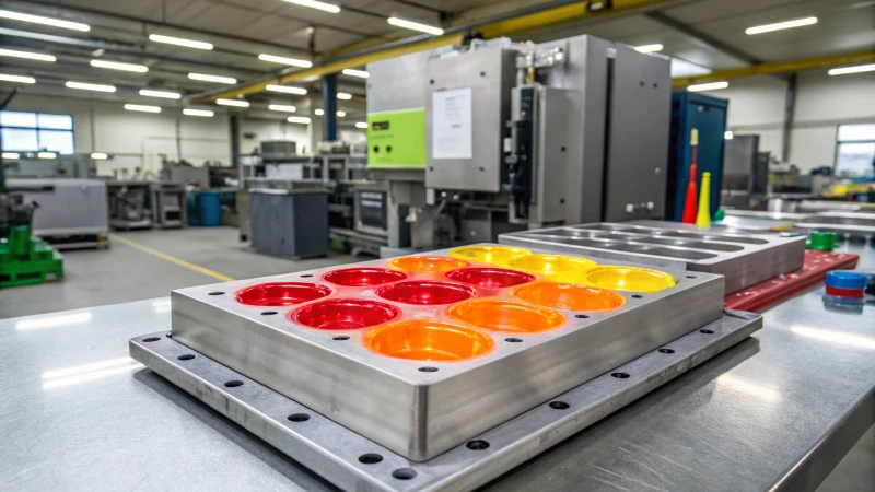 A multi-cavity mold filled with molten plastic in an industrial workspace