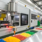 A modern plastic injection molding machine in an industrial setting