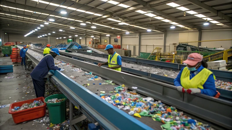 Workers sorting plastic parts in a recycling facility
