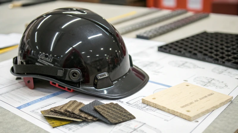 Close-up view of a high-quality safety helmet with materials and documents.