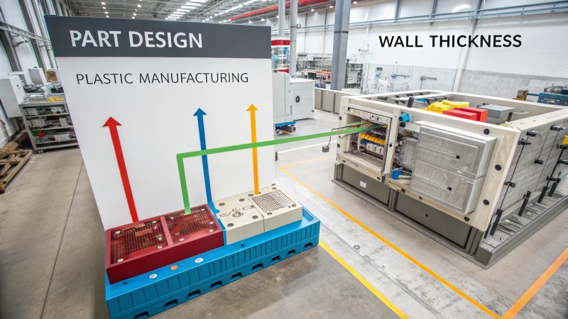 Technical diagram showing part design and wall thickness relationship in plastic manufacturing.