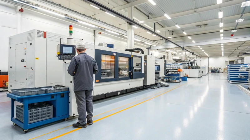 A technician inspecting an injection molding machine in a workshop