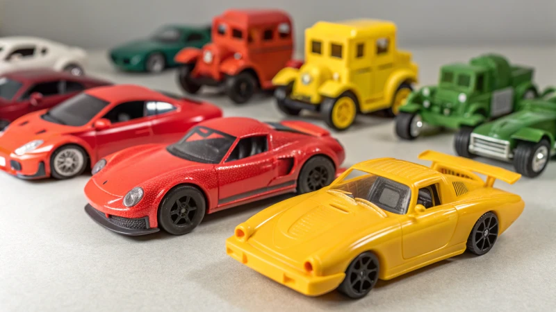 Photorealistic arrangement of colorful toy cars made from different plastics.