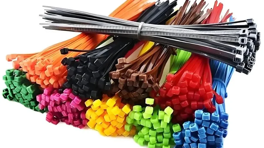 Colorful cable ties arranged in bundles for organization.