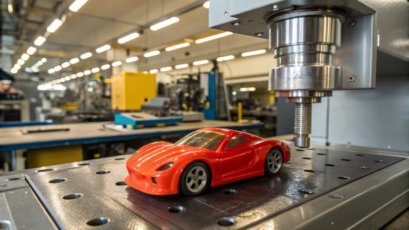 Close-up of a vibrant plastic toy car ejected from an injection molding machine