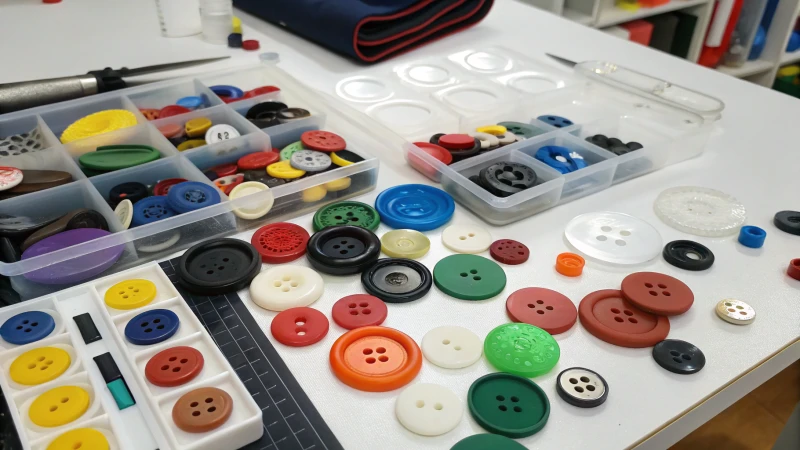 Overhead shot of a cluttered workbench with various buttons made from different plastics