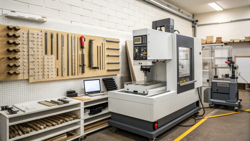 A modern CNC machine in a clean workshop with material samples and measuring tools.