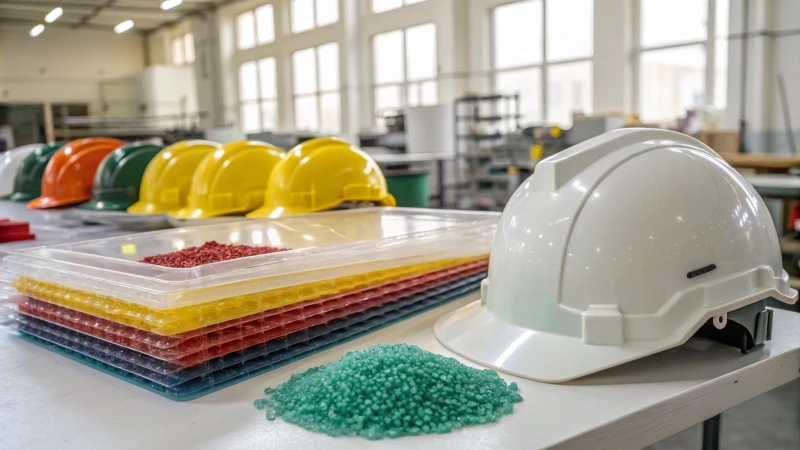 A workshop with helmet molding materials