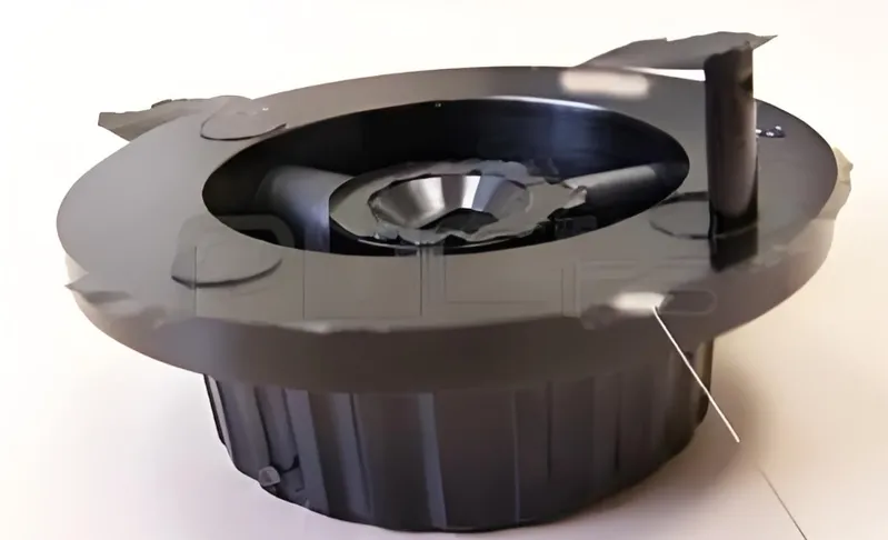 A black round ceiling air diffuser with secure stream design