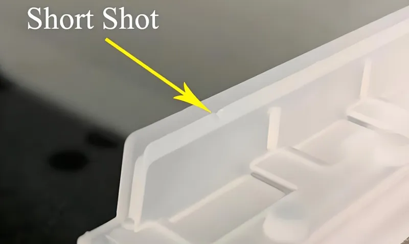 Close-up of a plastic part with a short shot defect indicated by an arrow