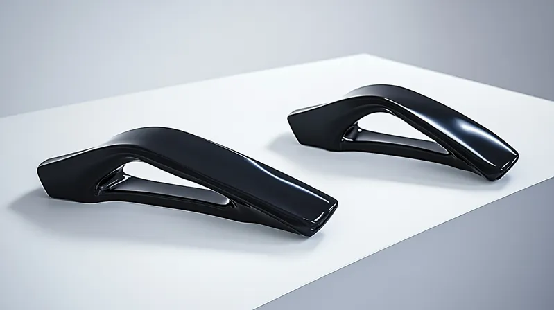 Two modern, black, sleek door handles on a white surface