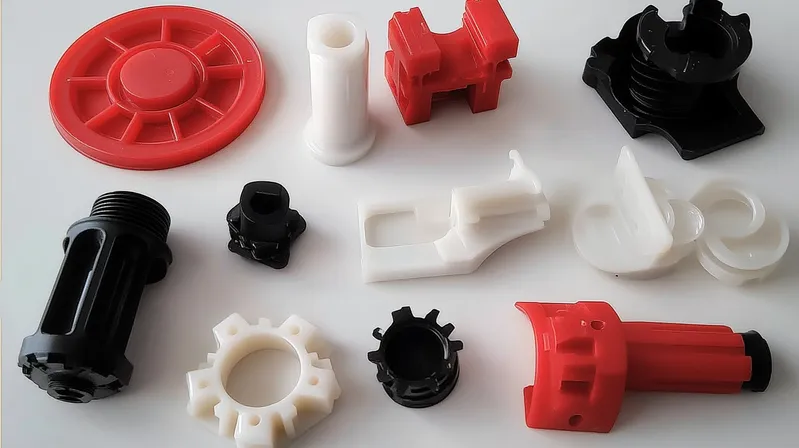 Various 3D printed machine parts in red, black, and white plastic arranged on a white surface